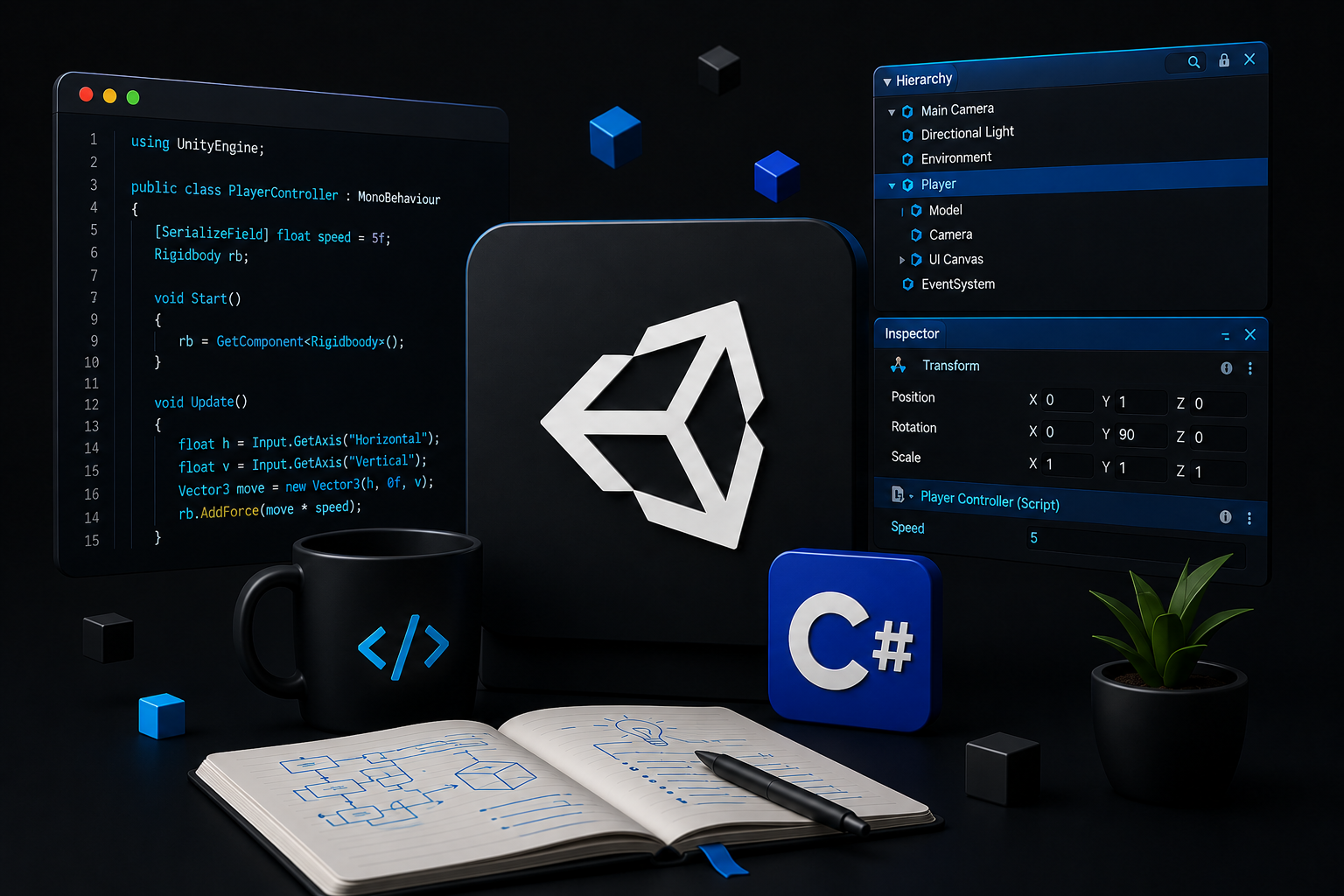 Behind-the-scenes game development workspace